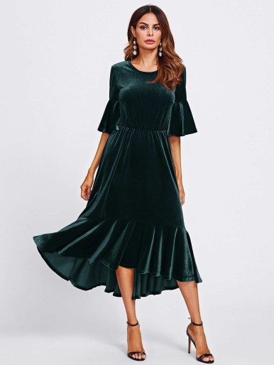 Trumpet Sleeve Flounce Hem Velvet Dress