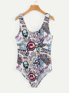 U Back Cartoon Print Bodysuit