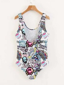 U Back Cartoon Print Bodysuit