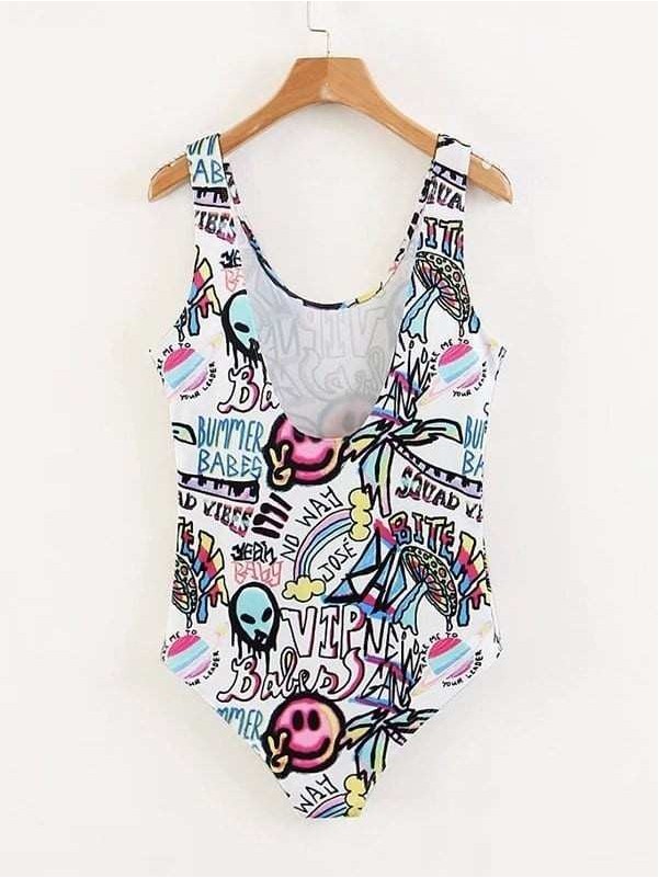 U Back Cartoon Print Bodysuit