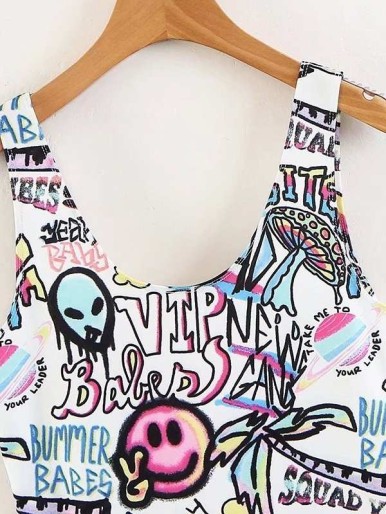 U Back Cartoon Print Bodysuit