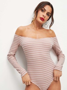 V Neck Striped Bardot Bodysuit