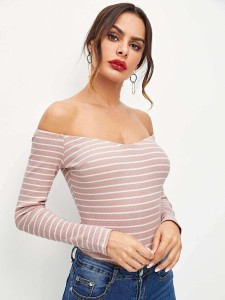 V Neck Striped Bardot Bodysuit