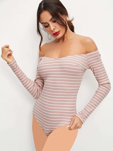 V Neck Striped Bardot Bodysuit