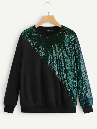 Cut-and-Sew Sequins Contrast Pullover