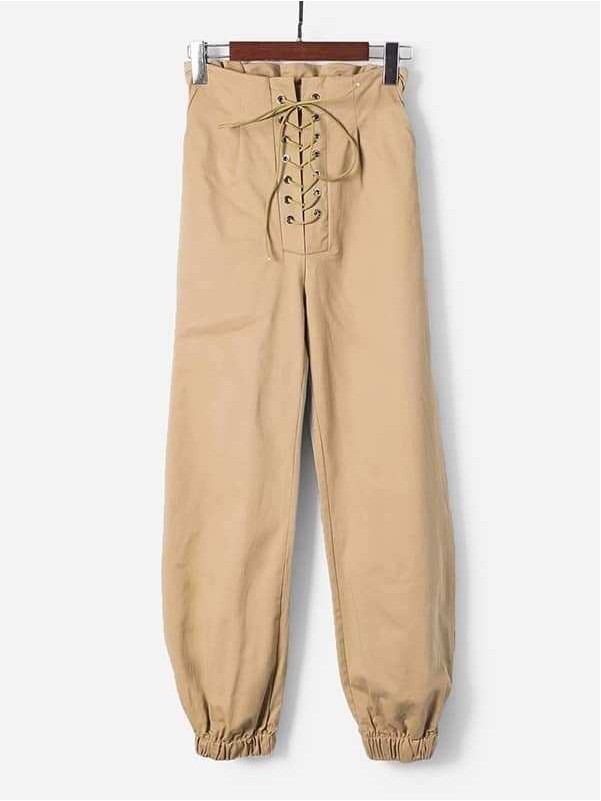 Khaki Casual Flat Trousers Lace