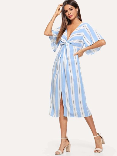 Neck Twist Striped Dress with fitted slit