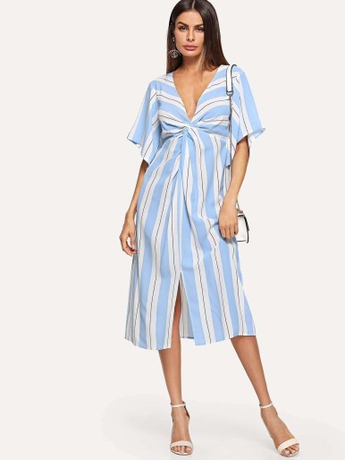 Neck Twist Striped Dress with fitted slit