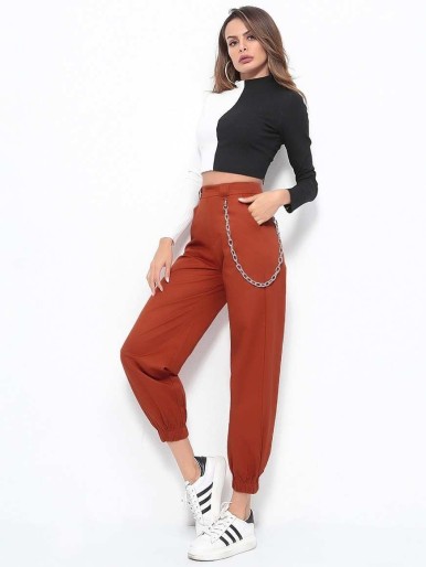 Rust Casual Flat Trousers Pocket