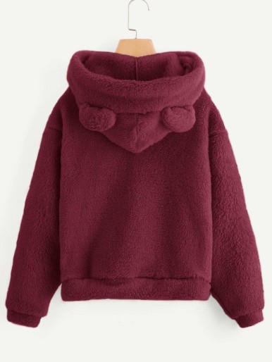 Solid Teddy Hoodie With Ears
