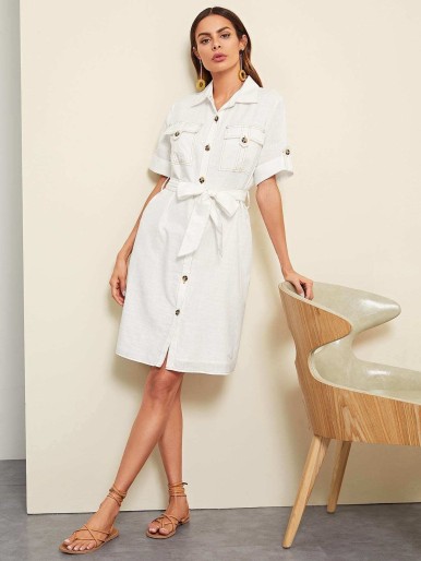 Self-tie shirt dress with buttons