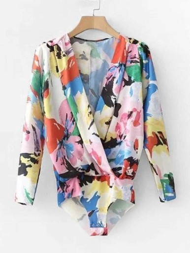 Abstract Florals Surplice Blouse Bodysuit