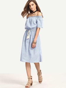 Bardot Pinstripe Tie Waist Knee Length Dress