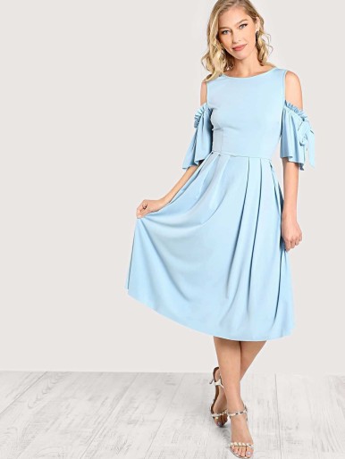 Bow Tie Flutter Sleeve Pleated Fit & Flared Dress