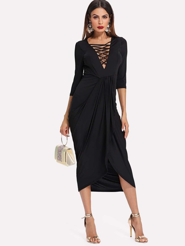 SheIn Women's Crisscross Front Deep V Neck Long Sleeve Ribbed Bodysuit,  Black, M: Buy Online at Best Price in UAE 