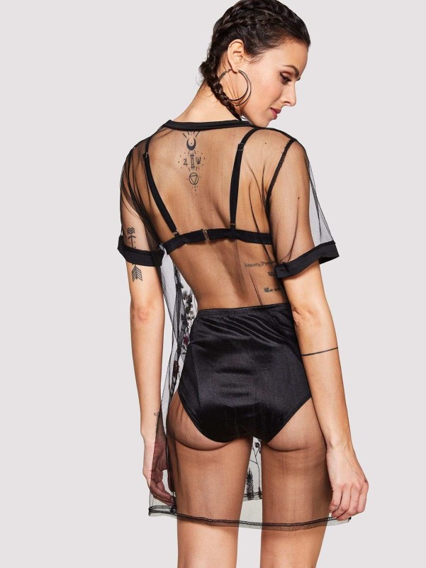 Embroidered Mesh Cut-out Sheer Lingerie Set