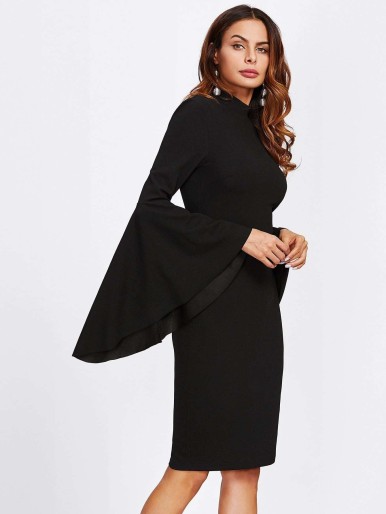 Mock Neck Exaggerate Bell Sleeve Dress