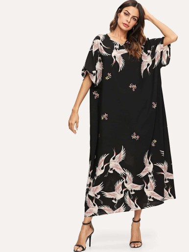 Red-crowned Crane and Floral Print Oversized Dress