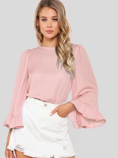 Bell Sleeve Ruffle Trim Top