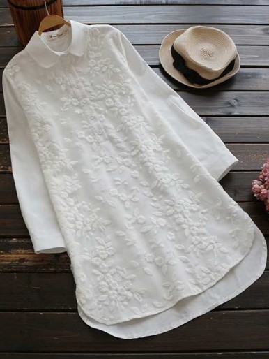 Floral Embroidered Dip Hem Shirt Dress