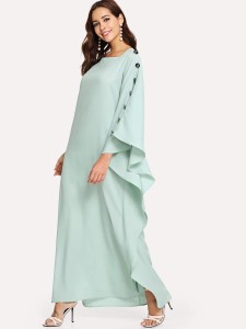 Square Neck Buttoned Batwing Hijab Long Dress