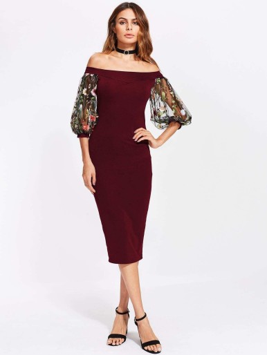 Bardot Dress With Embroidered Mesh Puff Sleeve
