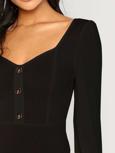 Button Detail Rib Knit Fitted Bodysuit