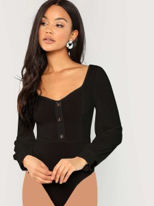 Button Detail Rib Knit Fitted Bodysuit