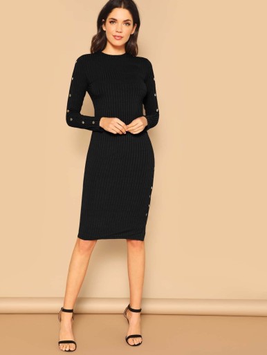 Button Detail Ribbed Knit Dress