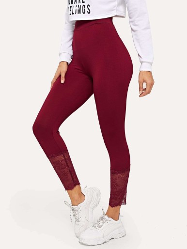 Contrast Lace Hem Solid Leggings