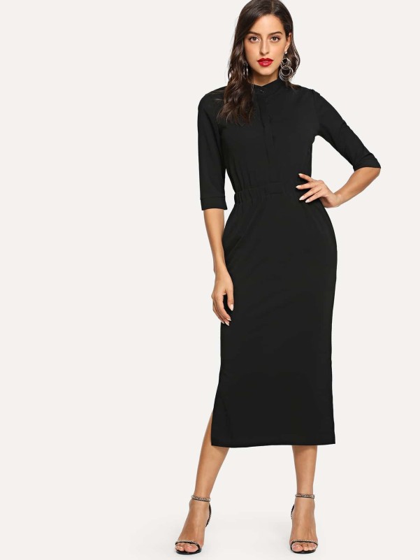 Elastic Waist Longline Shirt Dress