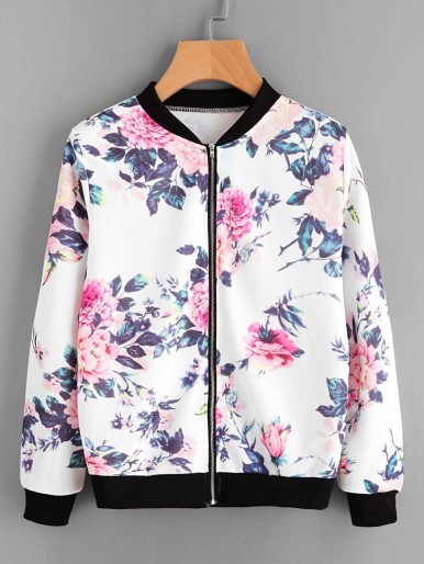 Floral Print Contrast Trim Zip Up Jacket