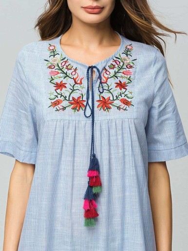 Flower Embroidered Tassel Detail Dress