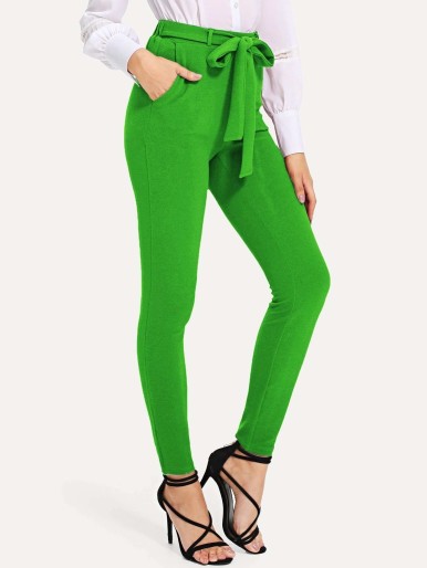 Neon Green Slant Pocket Belted Pants