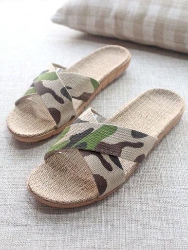 Men Camouflage Print Linen Slippers