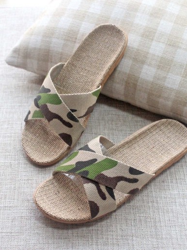 Men Camouflage Print Linen Slippers