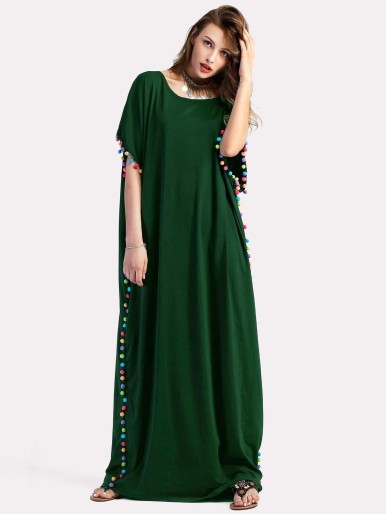 Pom Pom Trim Full Length Kaftan Dress
