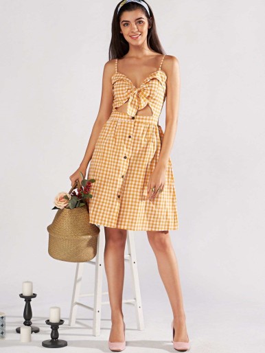 Single Breasted Knot Plaid Cami Dress