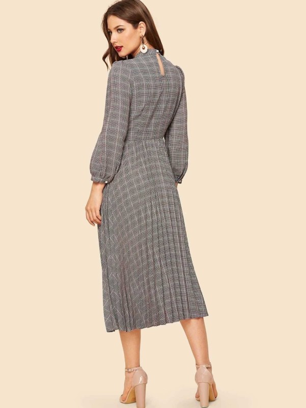 Tie Neck Bishop Sleeve Glen Plaid Flare Dress