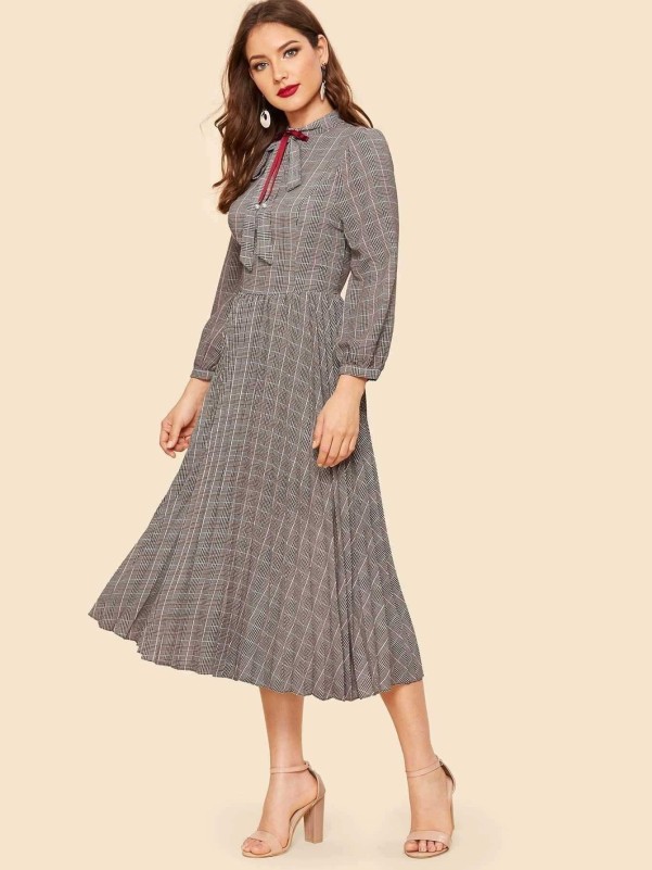 Tie Neck Bishop Sleeve Glen Plaid Flare Dress