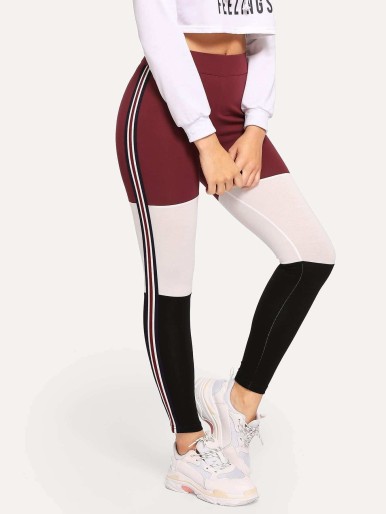 Wide Waistband Colorblock Side Striped Leggings