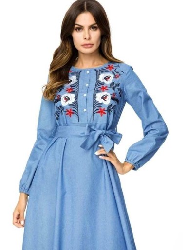 Blue Understated Flat Dresses Embroidery