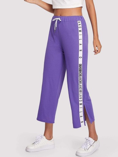 Purple Casual Text Trousers Split