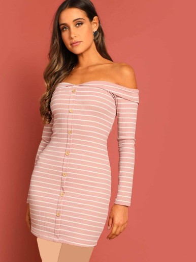 Pink Casual Striped Dresses Button