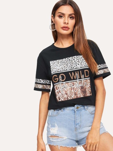 Letter & Mixed Animal Print Tee