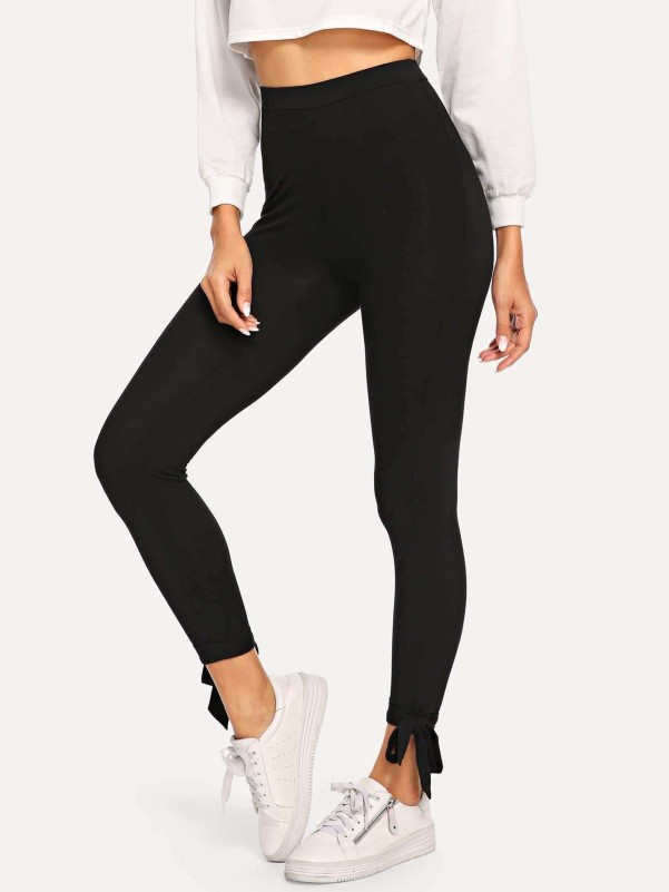 Black Casual Flat Leggings Knotted