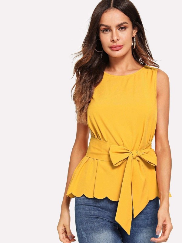 Scallop Hem Self Belted Shell Top