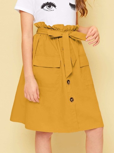 Girls Paperbag Waist Buttoned Pocket Skirt
