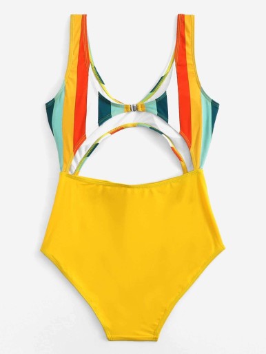 Striped Knot Front Cut Out One Piece Swimsuit