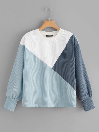 Drop Shoulder Colorblock Rib-knit Sweatshirt